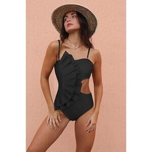 SPORLIKE NWOT Ruffle Cut Out One Piece Swimsuit Black Adjustable Strap Women's S